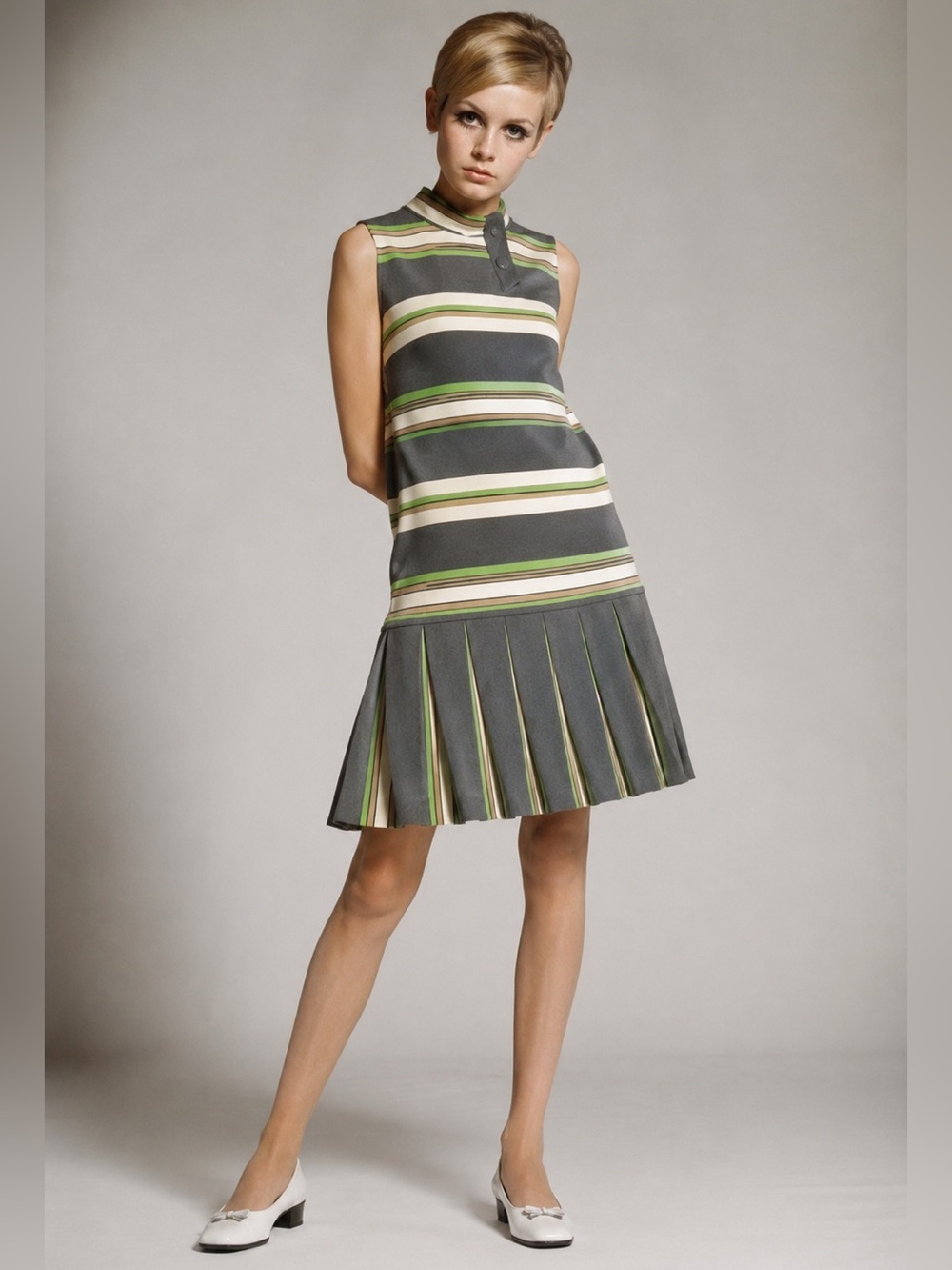 Vintage 1960s Mod Twiggy Style Pleated Drop Waist Dress | Retro Striped Midi - Picture 1 of 12